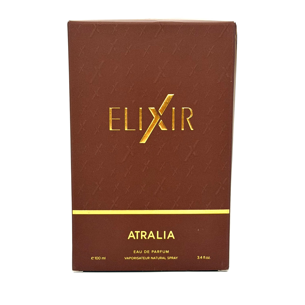 A rectangular brown box for Elixir Atralia Eau de Parfum, featuring gold foil lettering and a gold horizontal stripe on a white background.
