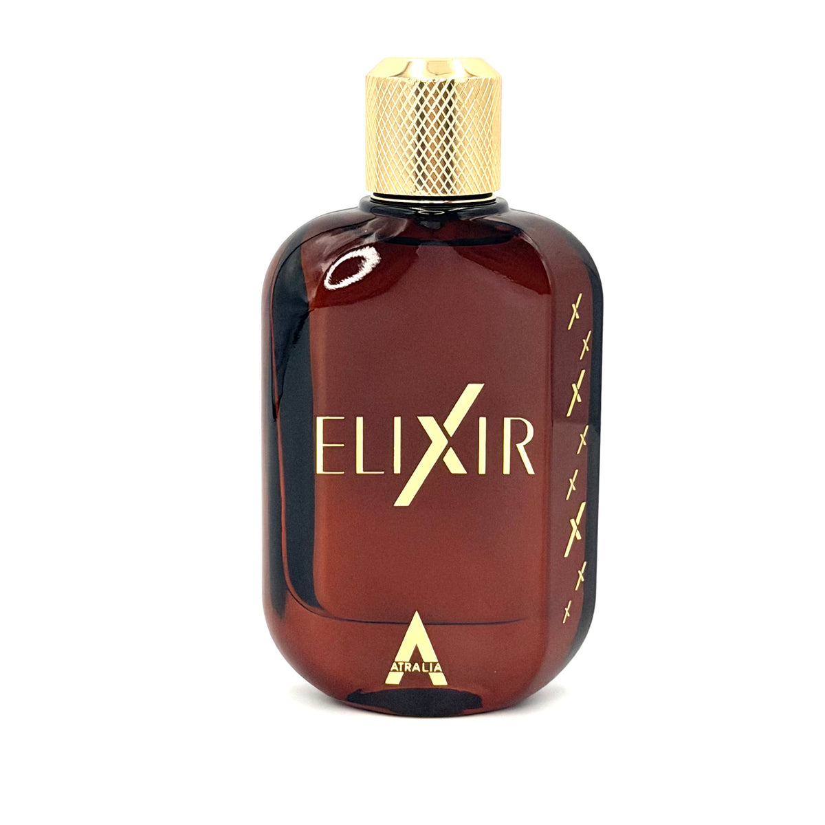 A dark amber glass bottle of Axiom Elixir with a textured gold cap and gold lettering, set against a plain white background.