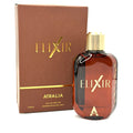 A bottle of Elixir Atralia Eau de Parfum next to its brown packaging box with gold lettering, on a white background.