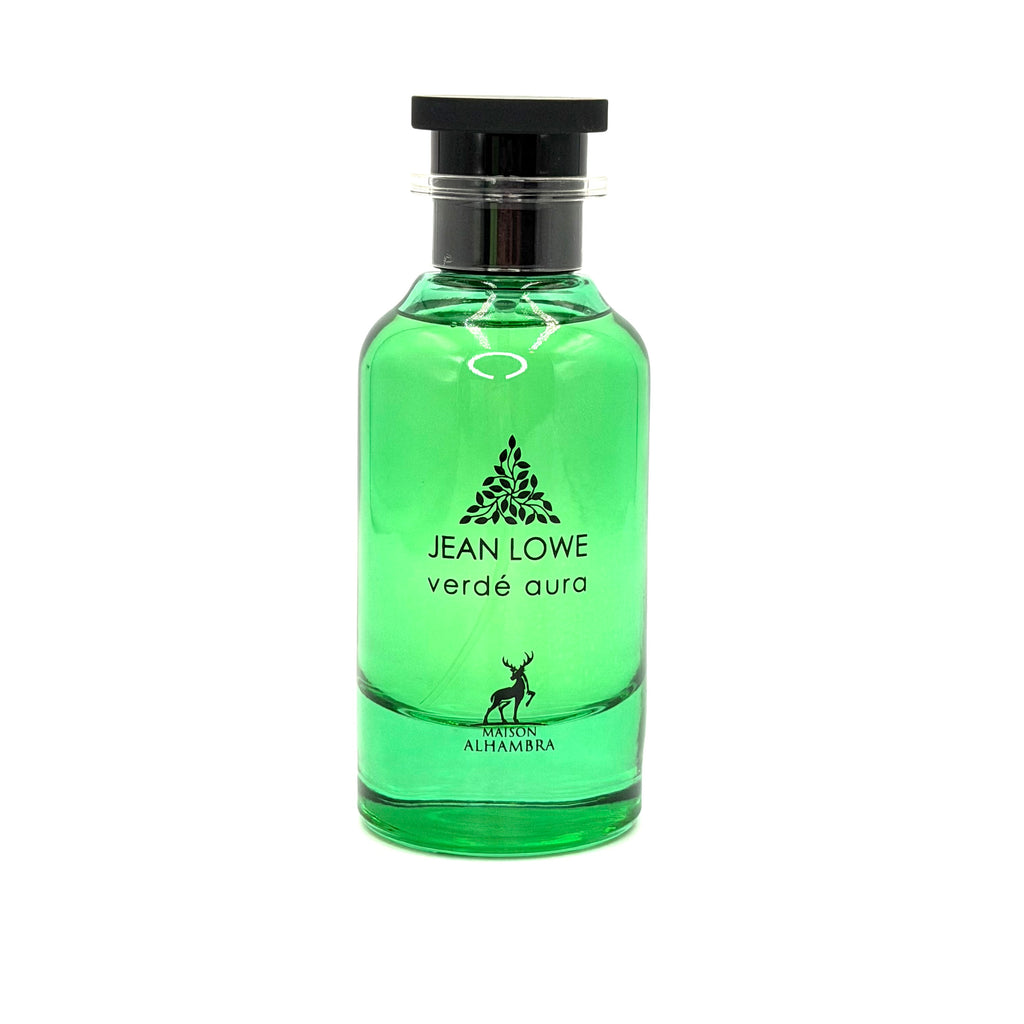 Jean Lowe Verdé Aura Eau de Parfum in a clear glass bottle with vibrant green liquid, a black cap, and black printed text and logo on the front, set against a plain white background.