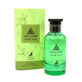 Jean Lowe Verdé Aura Eau de Parfum bottle and its green packaging box, featuring a bright green translucent glass bottle and a matching green box with black text and deer logo.