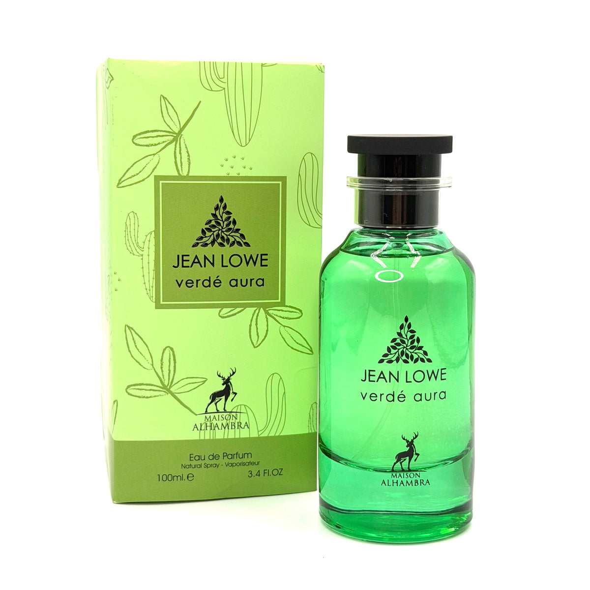 Jean Lowe Verdé Aura Eau de Parfum bottle and its green packaging box, featuring a bright green translucent glass bottle and a matching green box with black text and deer logo.