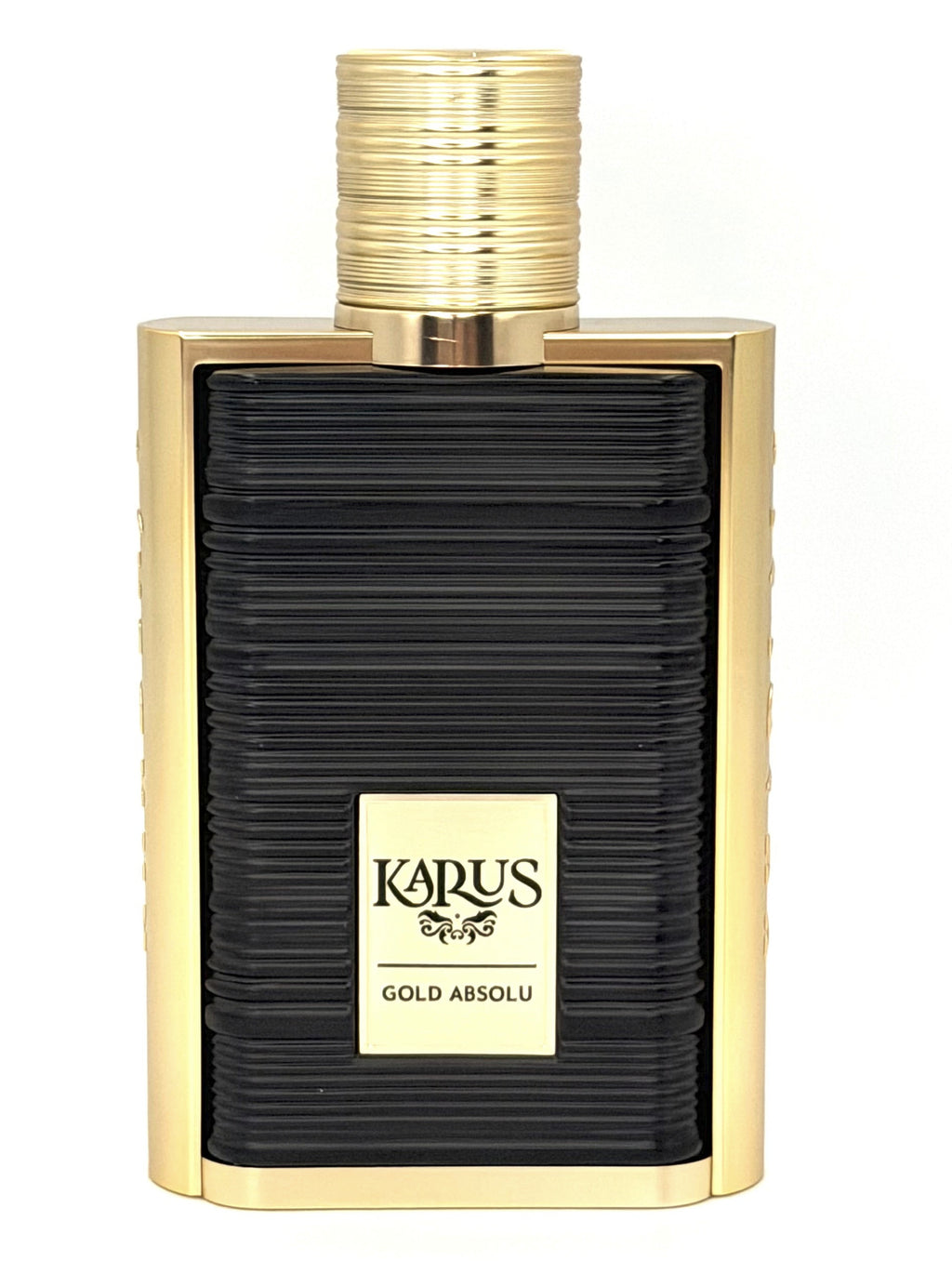 A bottle of Karius Gold Absolu fragrance with a textured black front and gold metallic sides and cap, set against a plain white background.