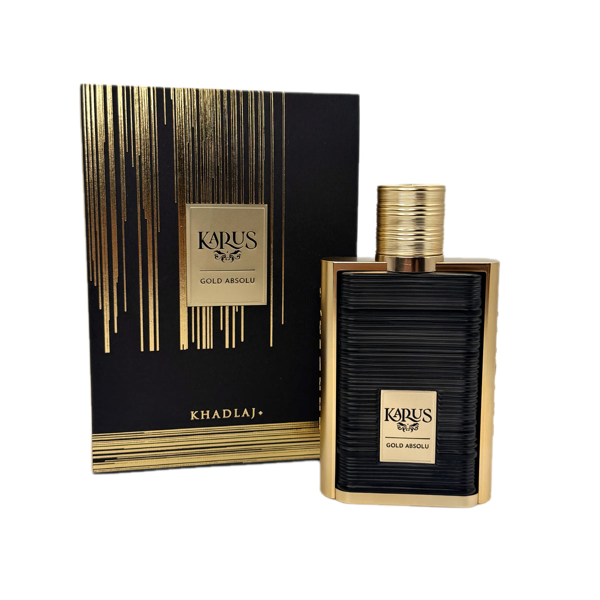Kharaj's Karus Gold Absolu perfume bottle with a gold cap next to its black and gold box, on a white background.