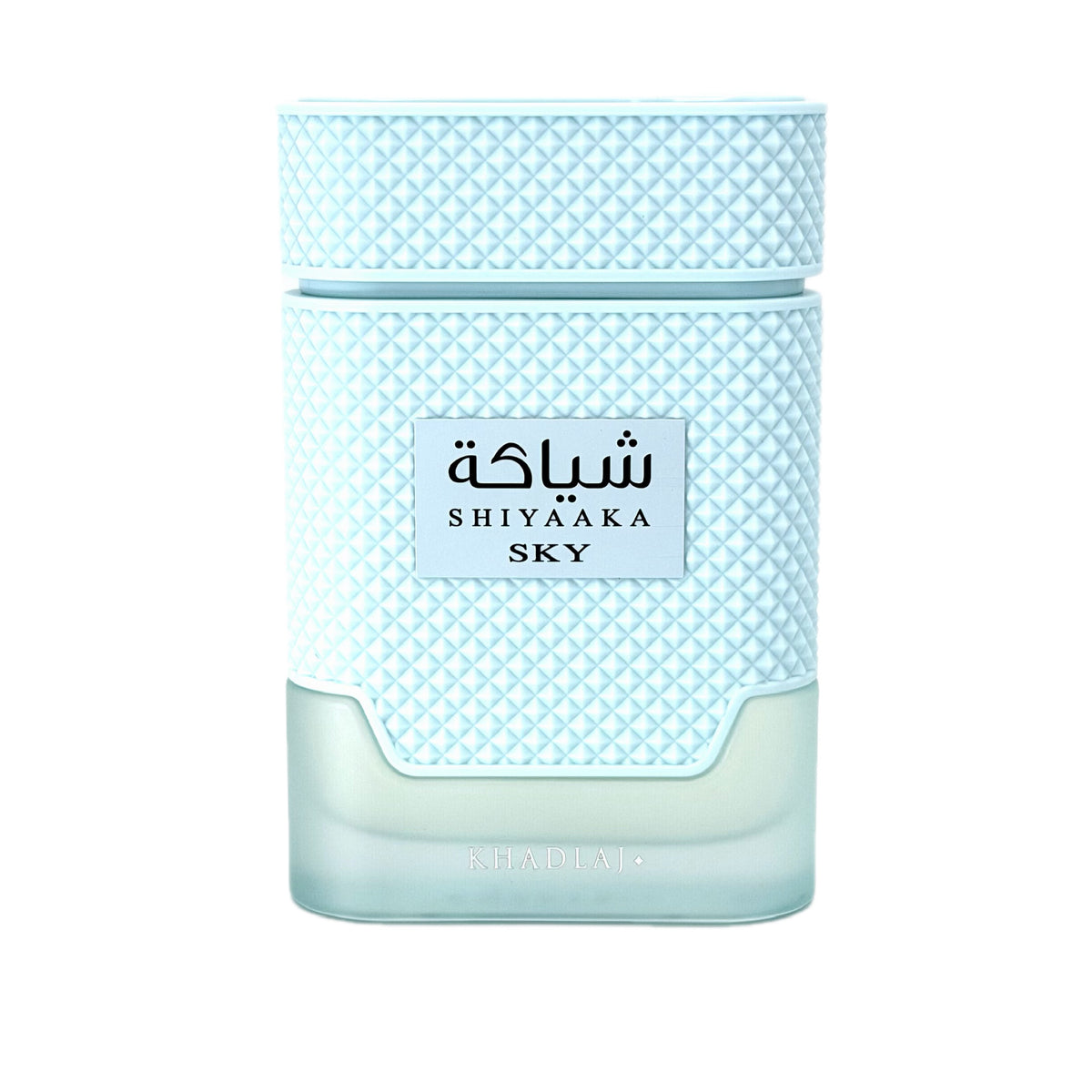 Shiyaaka Sky perfume bottle by Khadija, featuring a light blue textured cap and body with a clear glass base showing pale greenish-blue liquid inside, set against a plain white background.