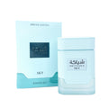 Shiya'ka Sky Special Edition KhadlaJ fragrance shown with its light blue packaging box and matching cylindrical bottle on a white background.