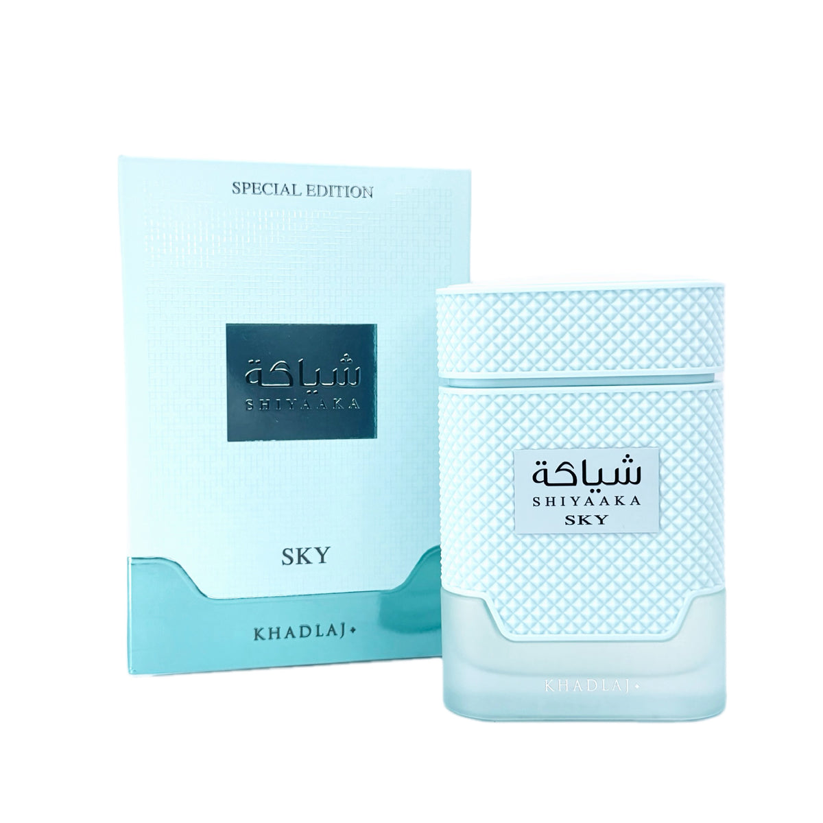 Shiya'ka Sky Special Edition KhadlaJ fragrance shown with its light blue packaging box and matching cylindrical bottle on a white background.