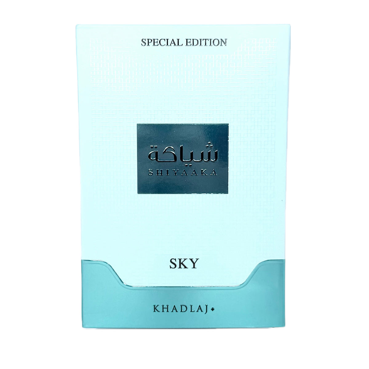 A light blue and turquoise card packaging for Shiaaaka 'SKY' special edition by KhadlaJ, featuring a dark metallic blue central label with Arabic and English text.