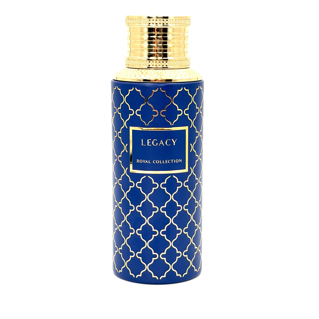 A luxury bottle from the Legacy Royal Collection, featuring a deep blue body with a gold trellis pattern and a textured gold cap, set against a plain white background.