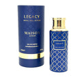 Maison Asrar Legacy Royal Collection Eau de Parfum shown with its navy blue cylindrical box and matching bottle, both decorated with a gold trellis pattern and gold lettering, on a plain white background.