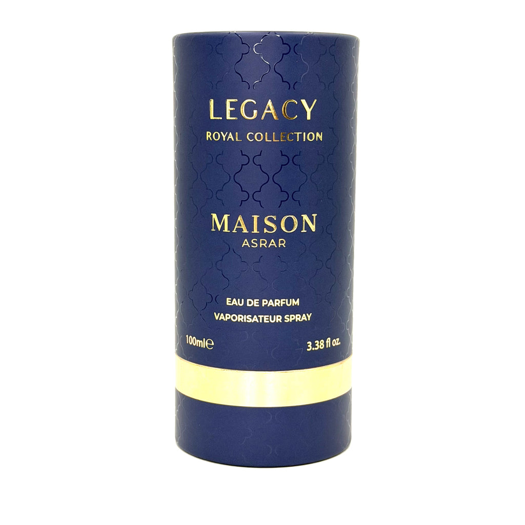 Maison Asrar Legacy Royal Collection Eau de Parfum spray in a navy blue cylindrical cardboard box with gold lettering and a gold band near the bottom, on a white background.