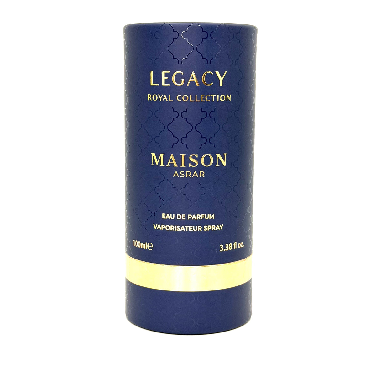 Maison Asrar Legacy Royal Collection Eau de Parfum spray in a navy blue cylindrical cardboard box with gold lettering and a gold band near the bottom, on a white background.