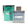 Rayhaan Aquatical perfume bottle and its matching outer packaging box, both decorated with intricate silver geometric cutouts over a turquoise and blue background.