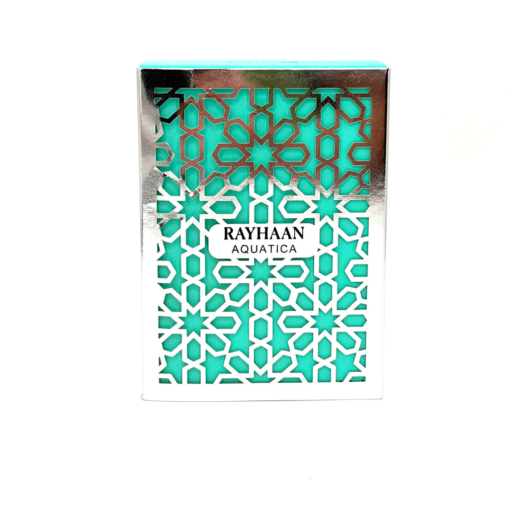 Rayhaan Aquatika perfume packaging box featuring a turquoise and white geometric cutout pattern with a metallic silver foil border.