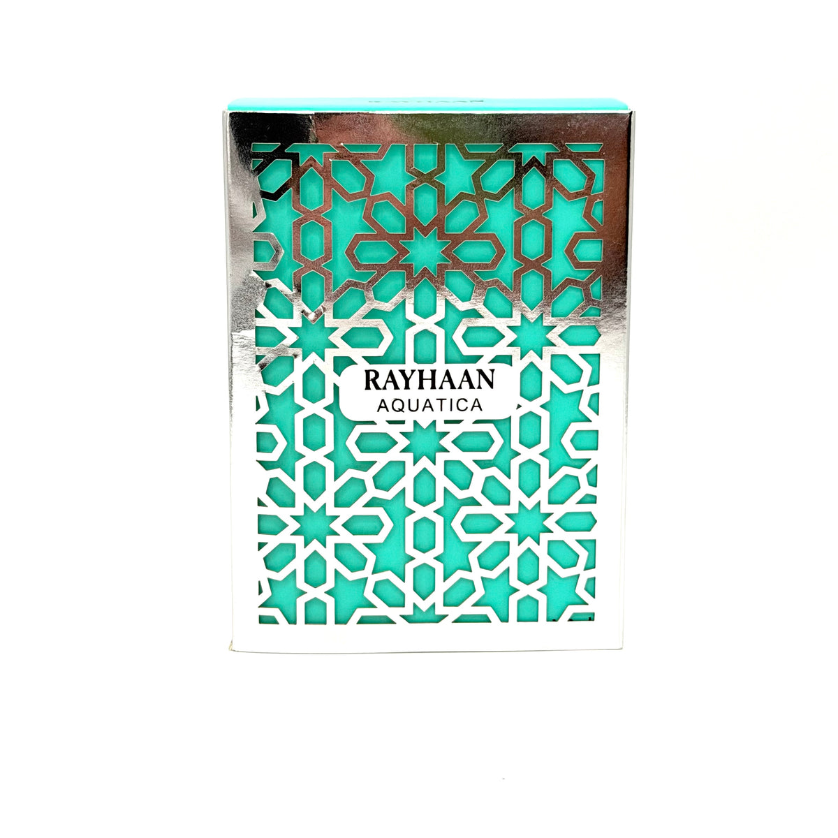 Rayhaan Aquatika perfume packaging box featuring a turquoise and white geometric cutout pattern with a metallic silver foil border.