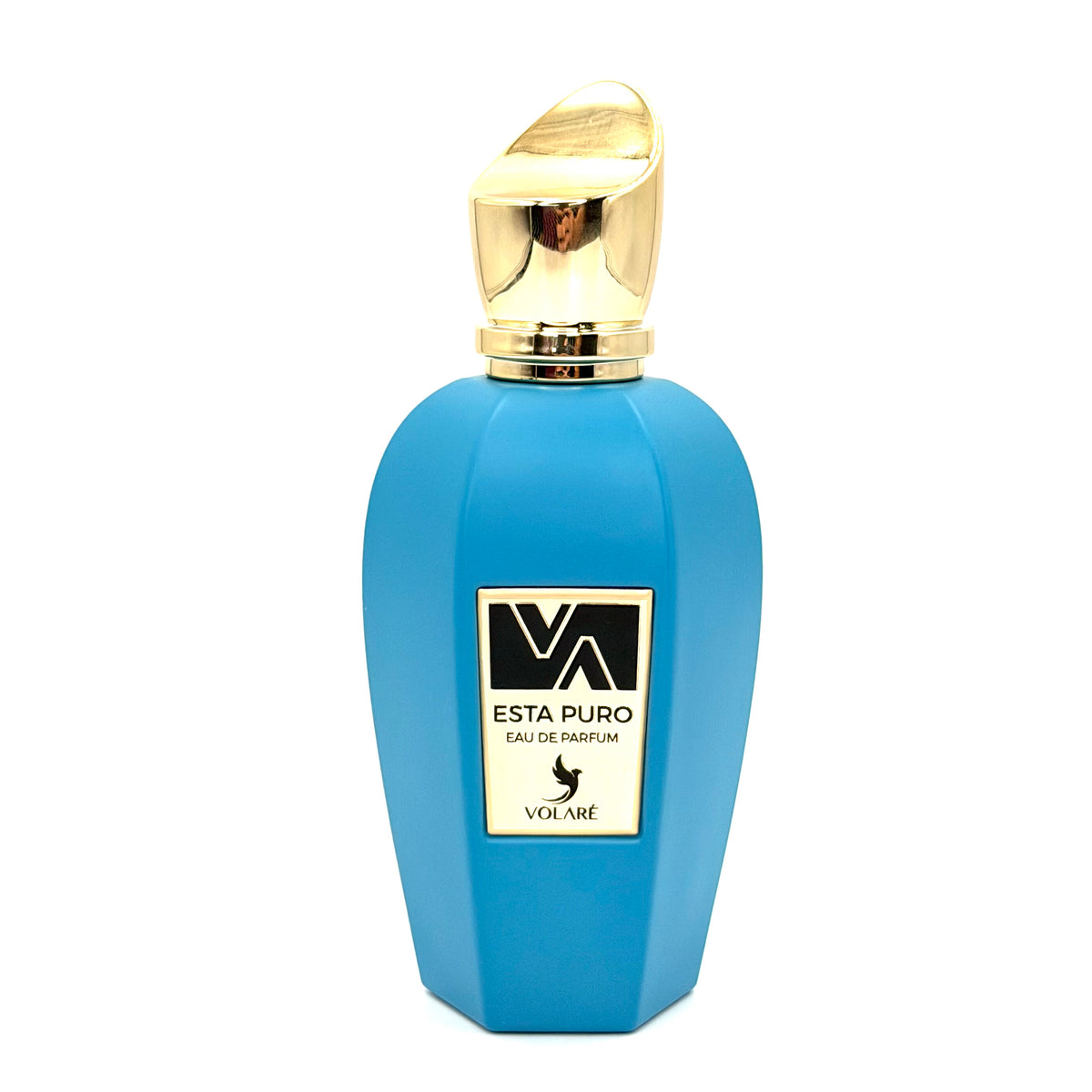 A blue faceted perfume bottle with a gold cap and a black and gold label reading 'ESTA PURO EAU DE PARFUM VOLARÉ'.