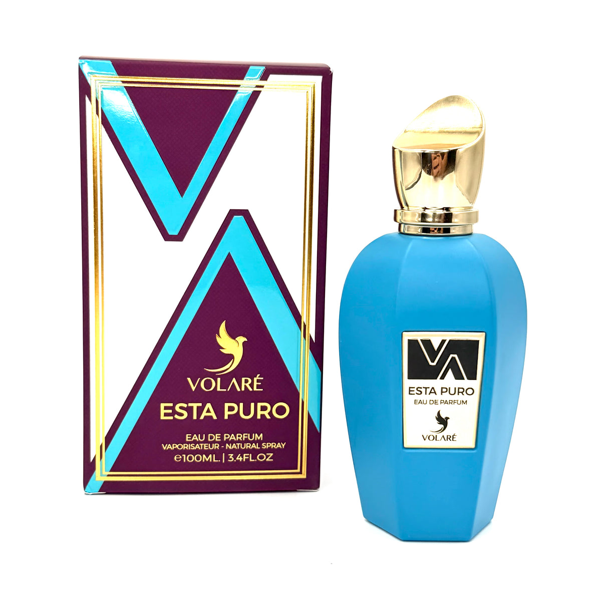 Volare Esta Puro Eau de Parfum bottle in bright blue with a gold cap, shown next to its purple and blue geometric retail box on a white background.