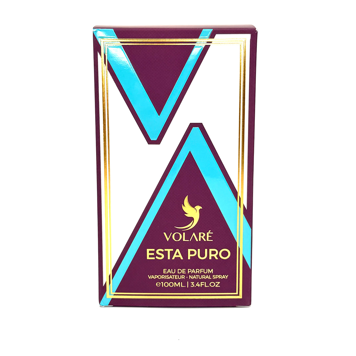 Volaré Esta Puro Eau de Parfum box, featuring a geometric design with deep purple, bright cyan blue, and gold accents on a white background.